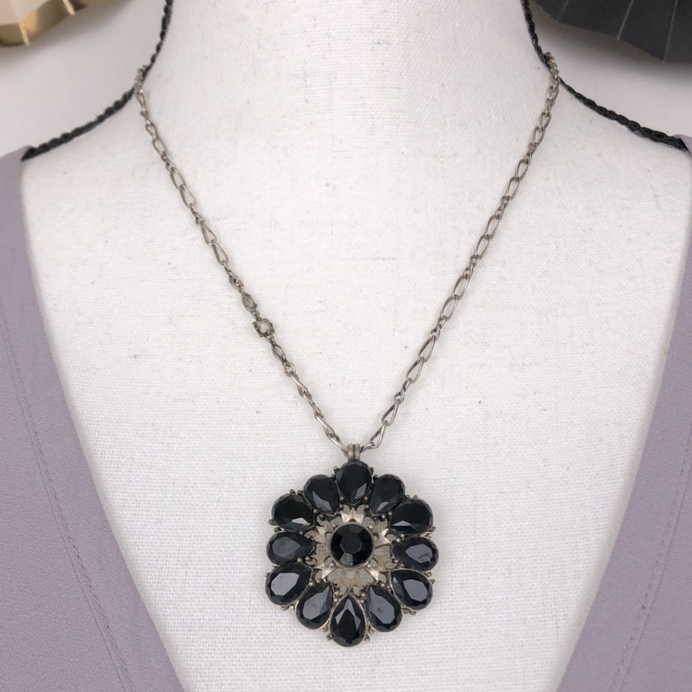 Lucky Brand Black Floral Rhinestone Pendant Necklace